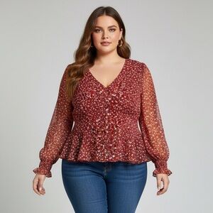 ANVI Be Yourself Maroon Sheer Floral Ruffle Corset Blouse Women's XXL Boho